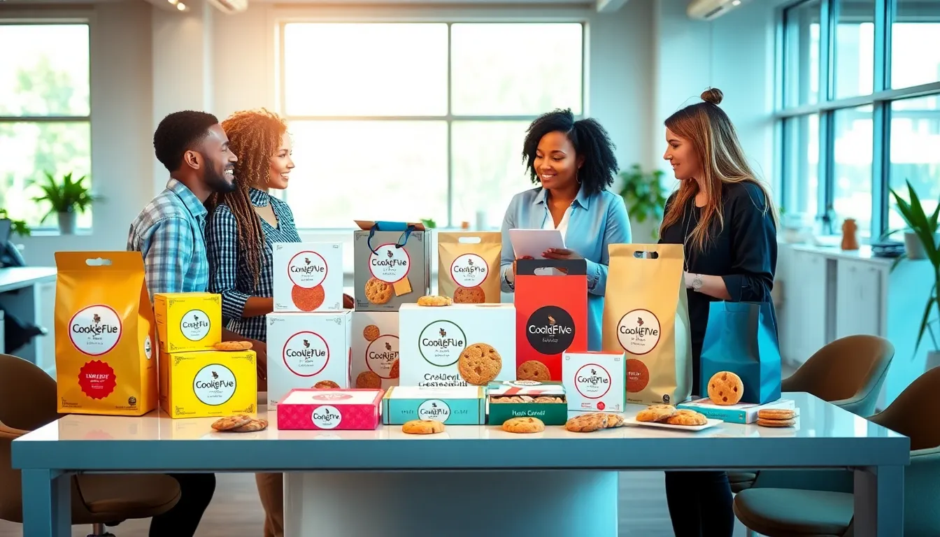 diverse team discussing cookie packaging designs in a modern workspace.