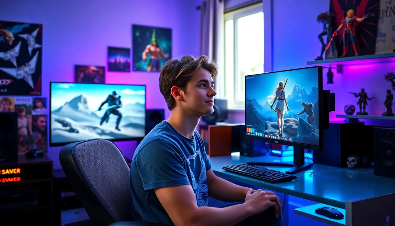 A gamer intensely focused on dual screens displaying action and fantasy games.