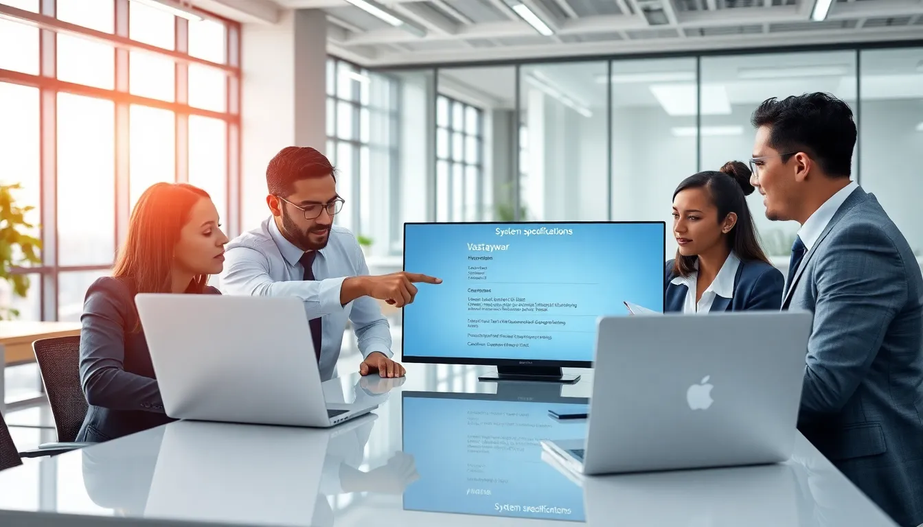 team discussing laptops' system requirements for Vastaywar in a modern office.