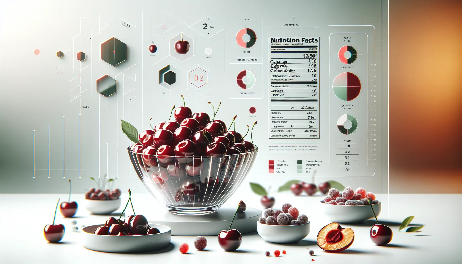 Different forms of sour cherries with nutrition facts on a clean background.