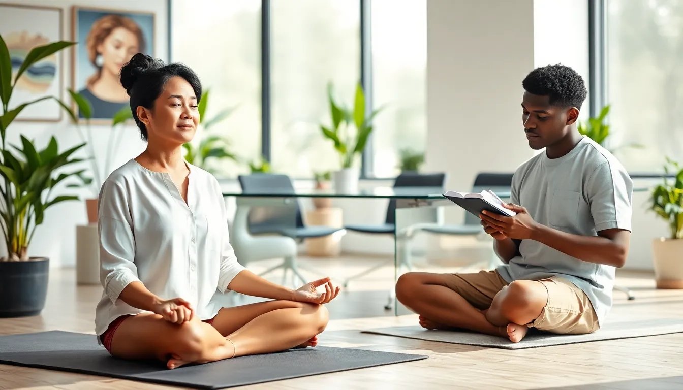 diverse professionals practicing mindfulness in a tranquil, modern office.