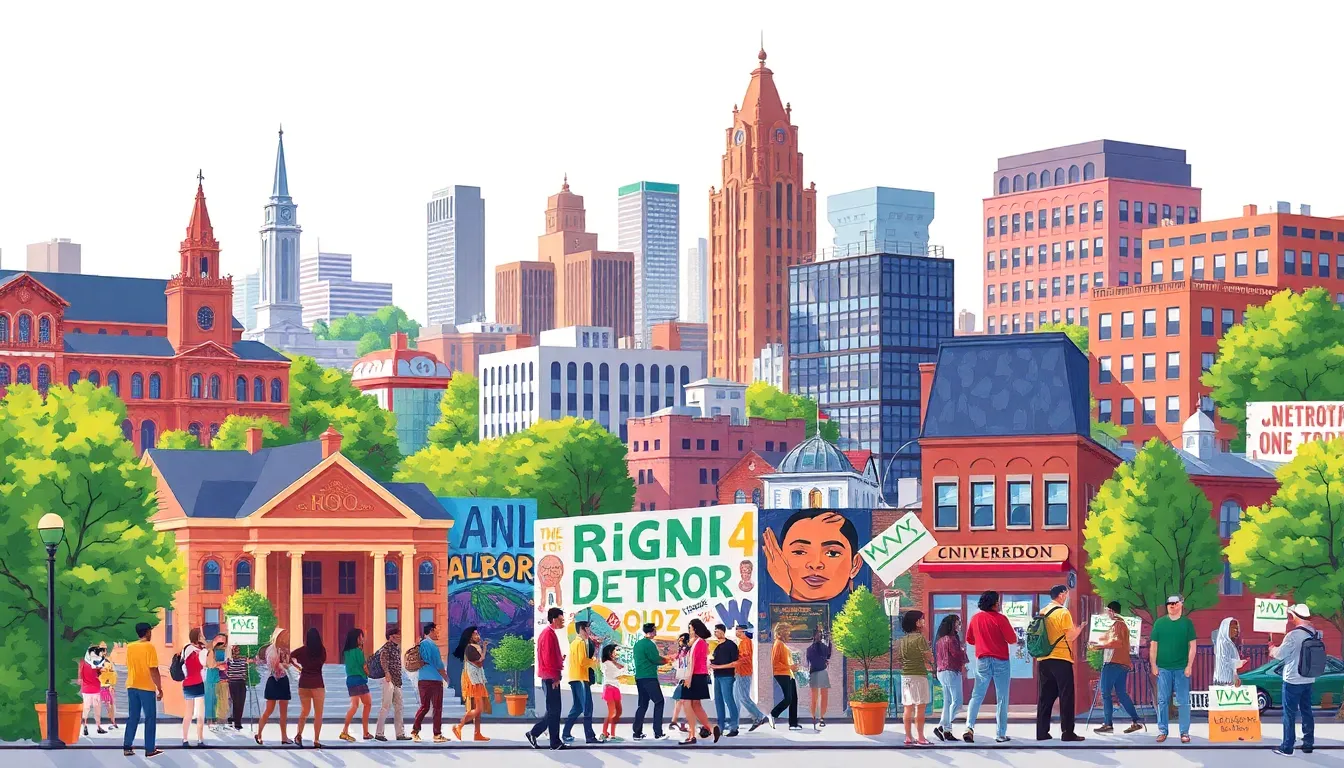 collage of Michigan's liberal cities with diverse people and vibrant landmarks.
