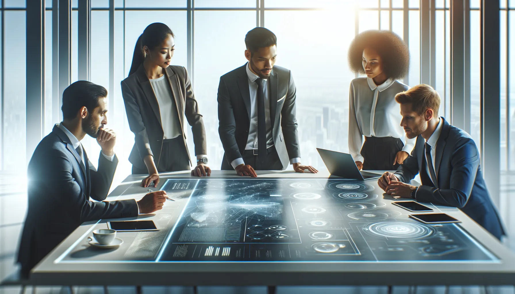 diverse team discussing technical specifications in a modern office.