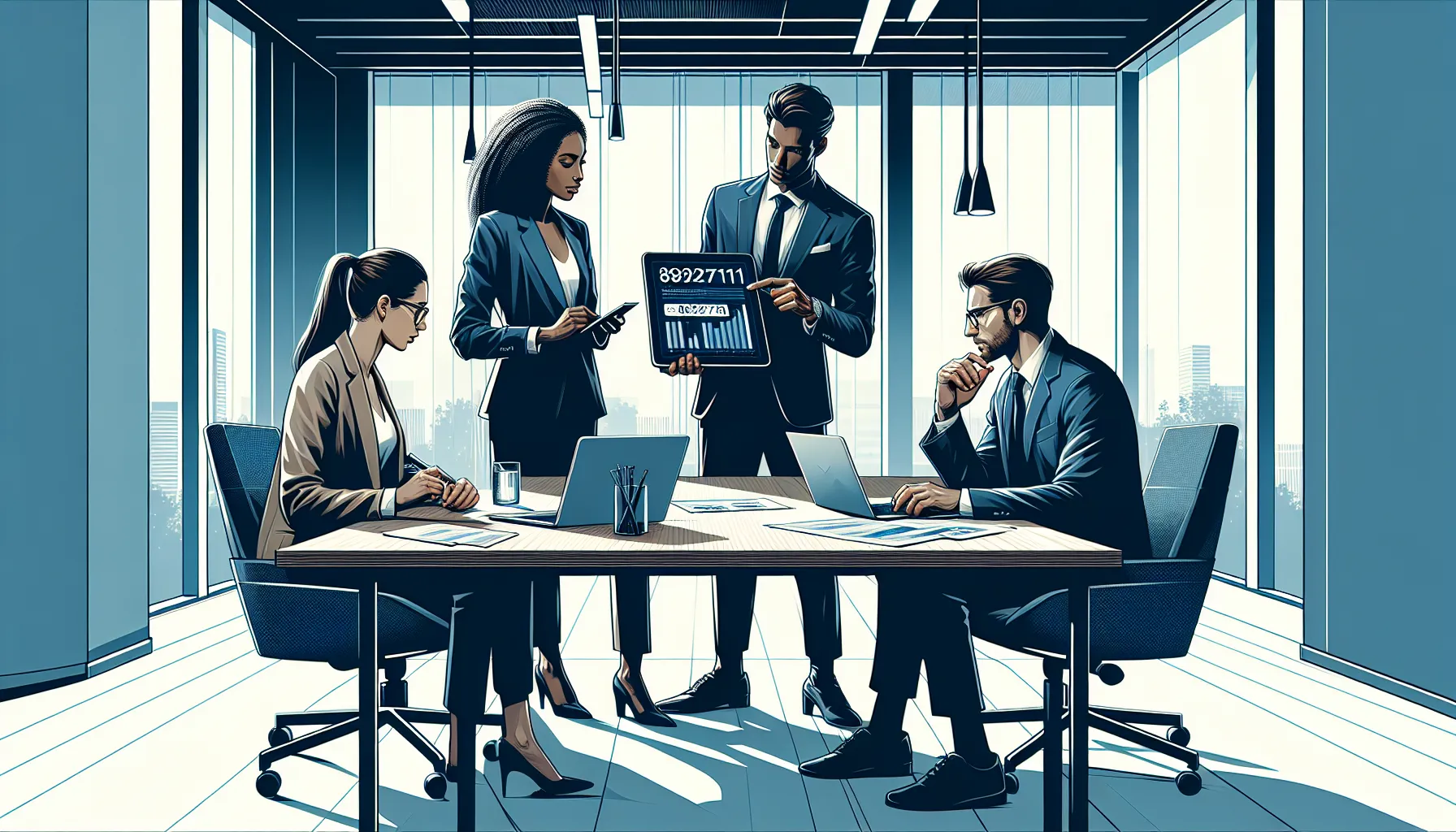 diverse team discussing in a modern office setting.