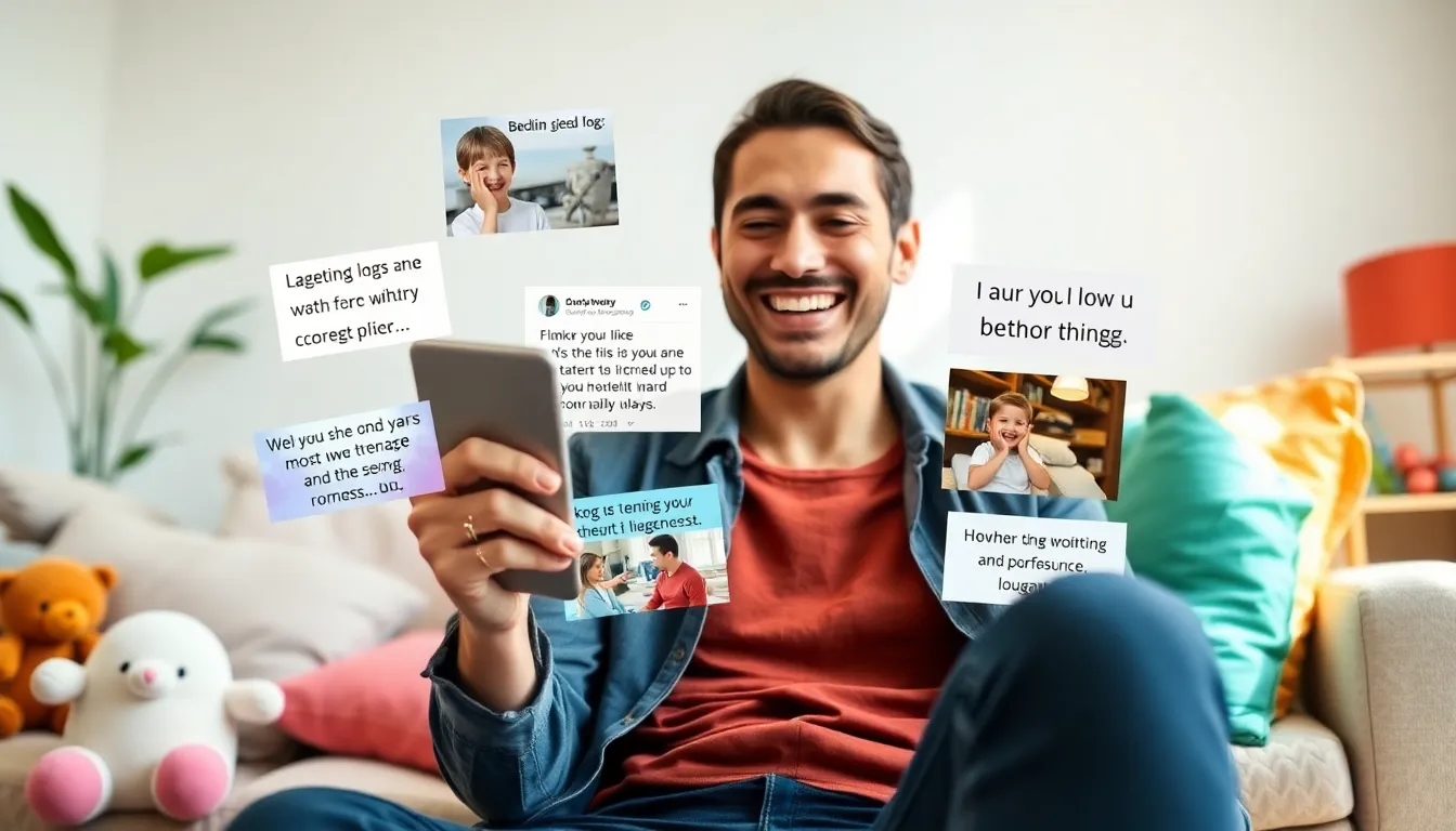parent reading funny parenting memes on a tablet in a cozy living room.