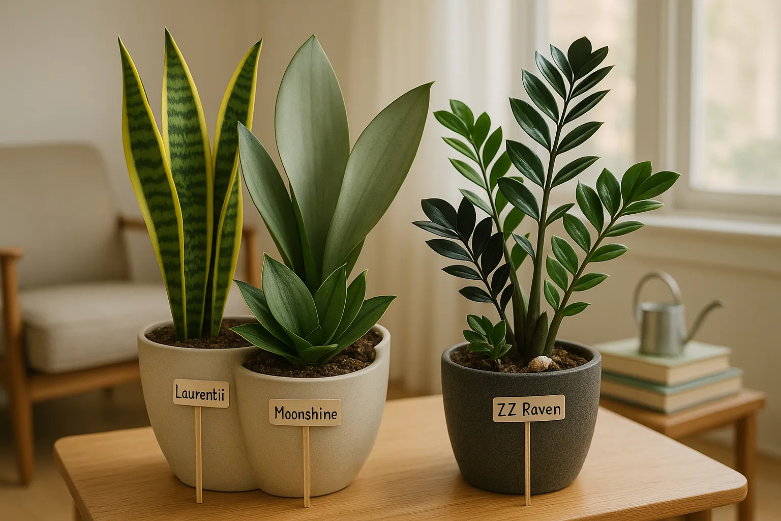 side-by-side snake plant varieties and glossy ZZ plants on a sunlit table