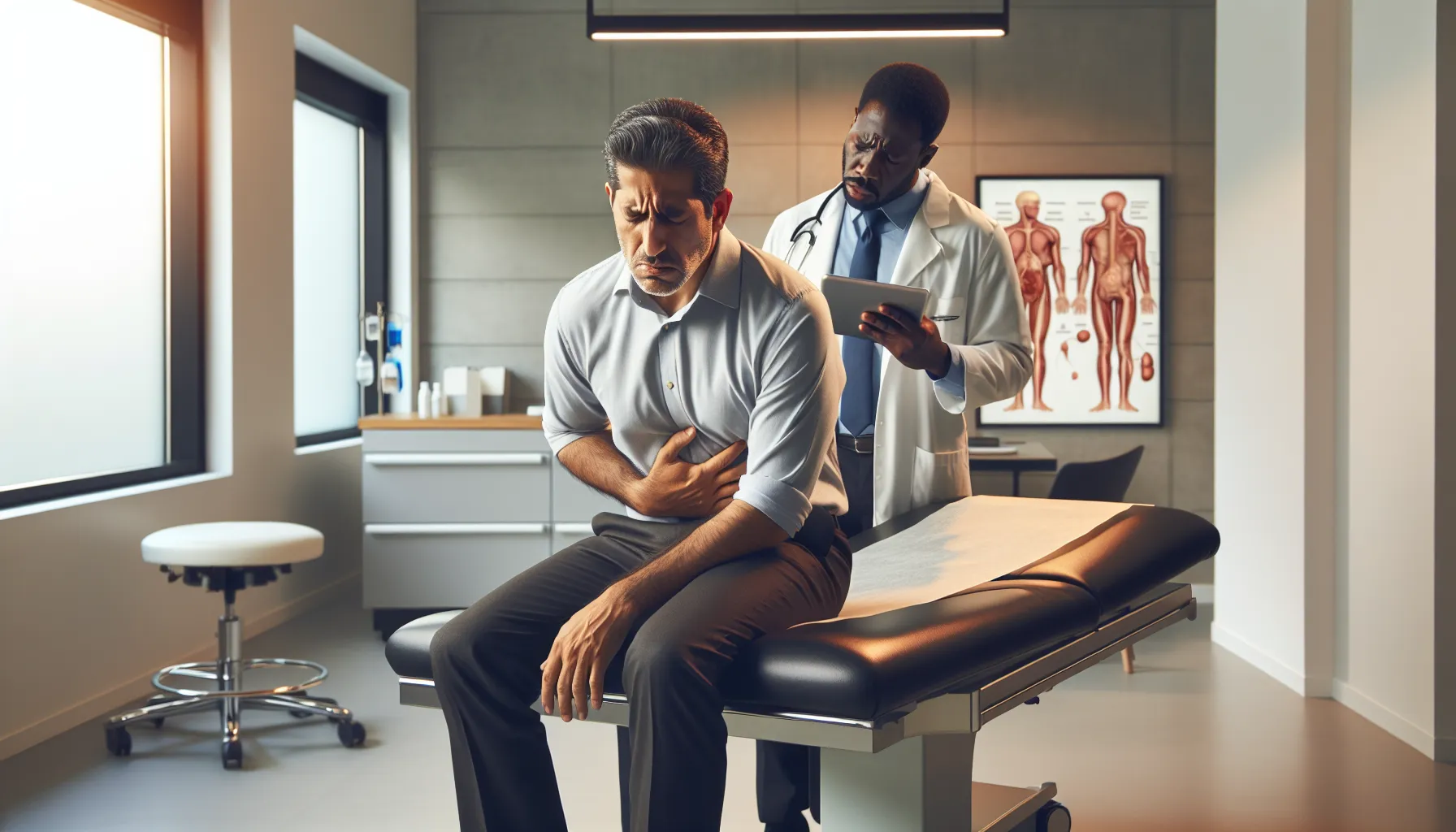 man in pain being examined by a doctor in a medical office.