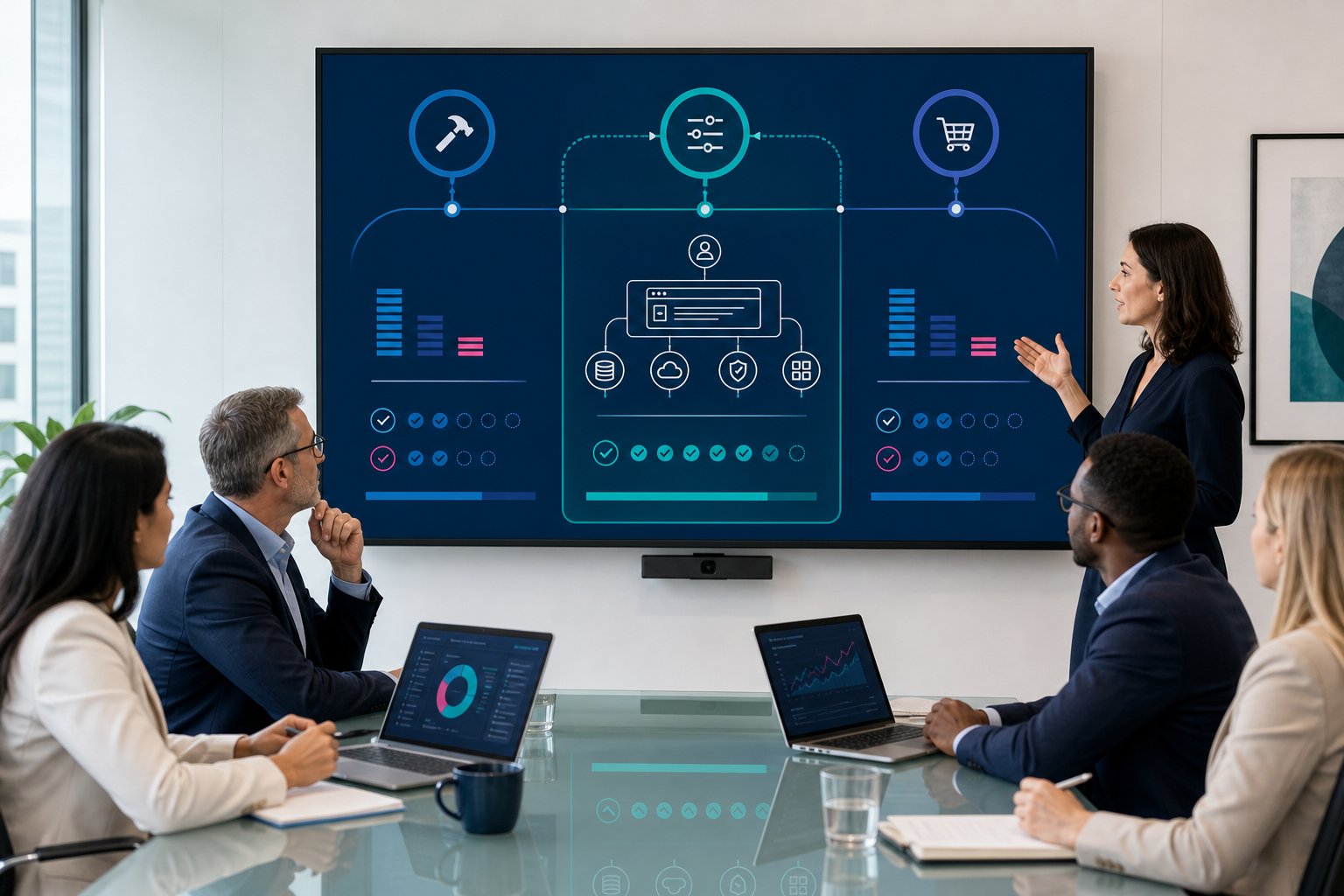Team reviewing client portal cost options in a modern office.