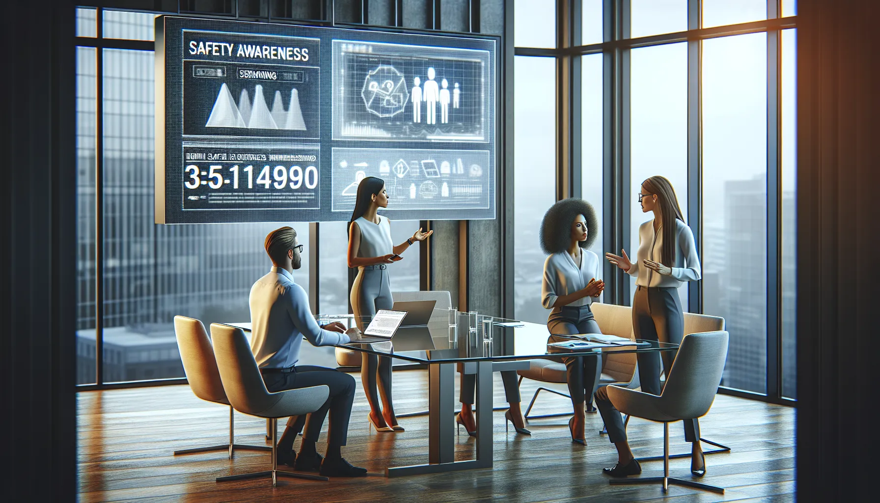 diverse professionals discussing safety awareness in an office.