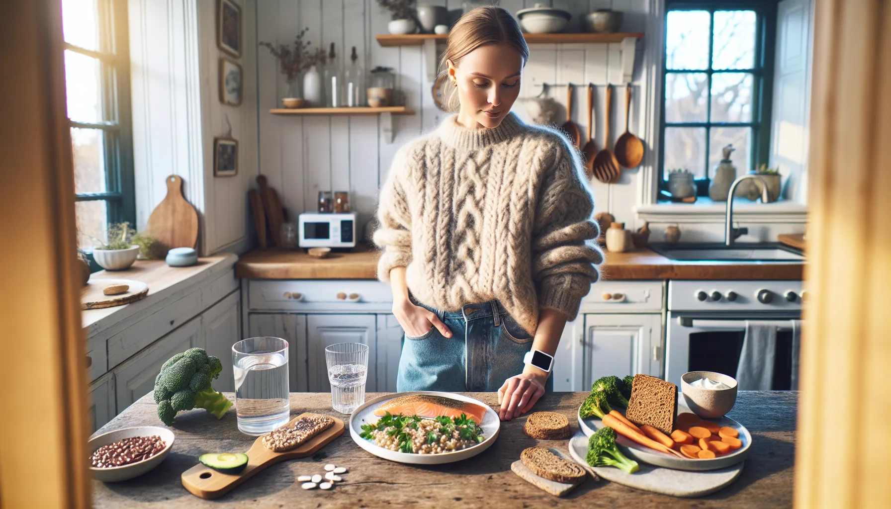 Blodsukker og mat: hva du bør spise for å unngå blodsukkersvingninger 2 Norwegian woman with cgm choosing balanced meal over sugary foods.