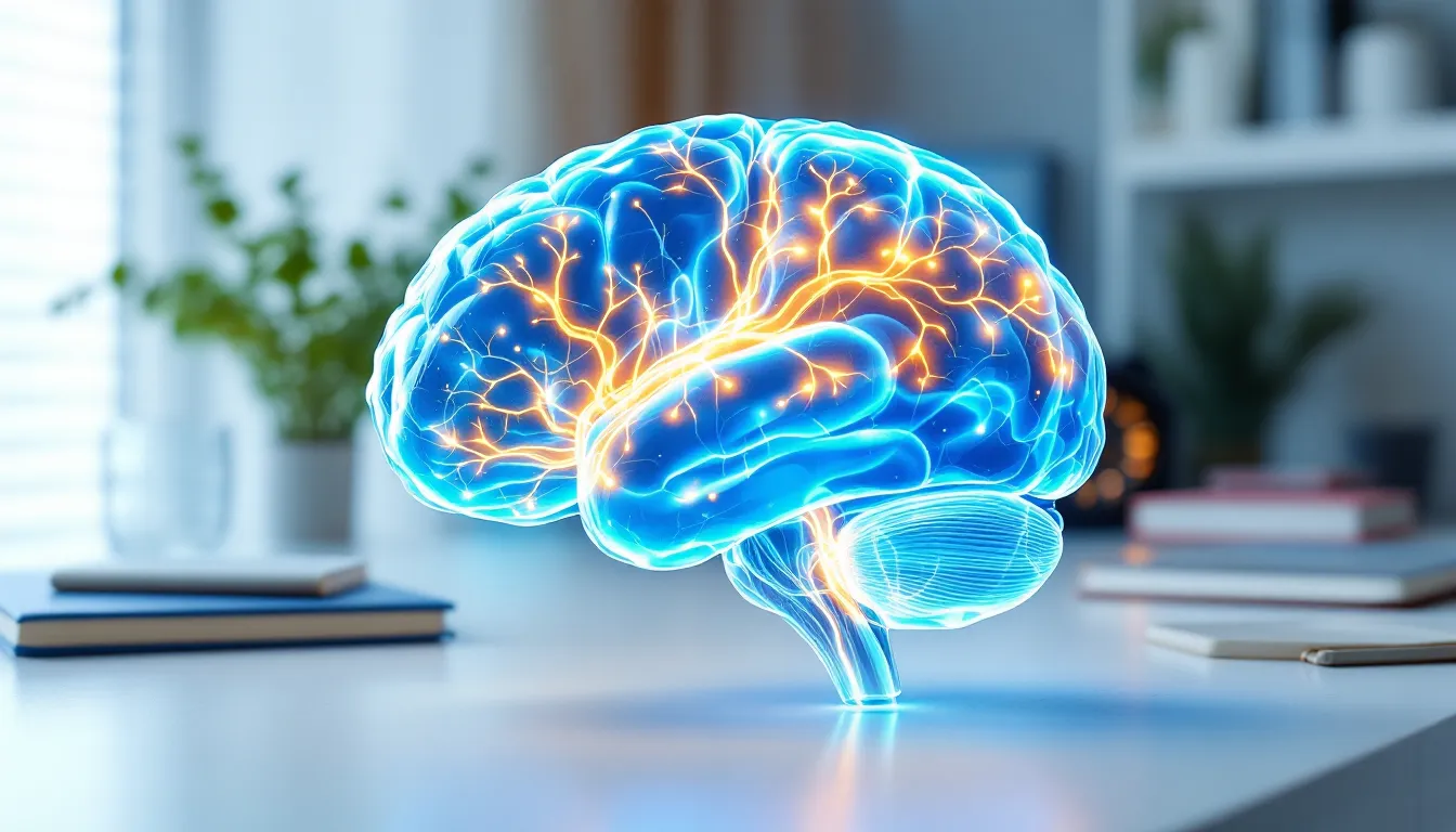 Glowing brain model on a desk highlighting habit loop neural pathways.