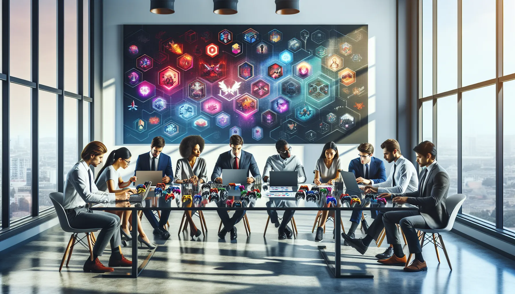 diverse team strategizing around game guide reviews in a modern office.