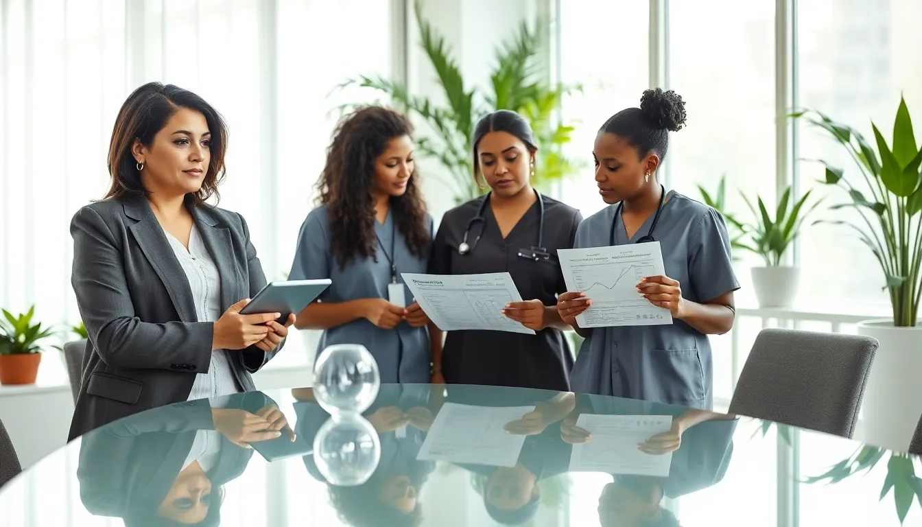 Diverse professionals discussing women’s health in a modern office.