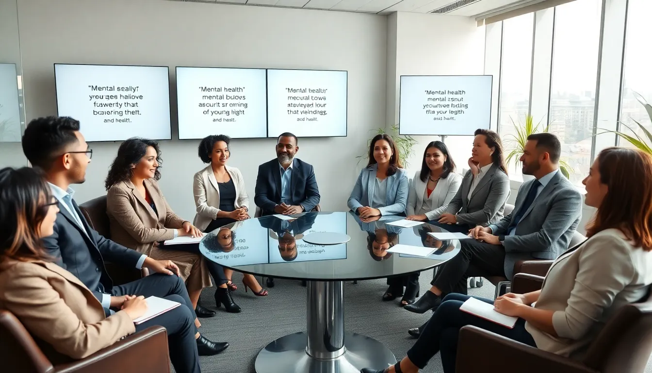 diverse professionals discussing mental health in a modern office.