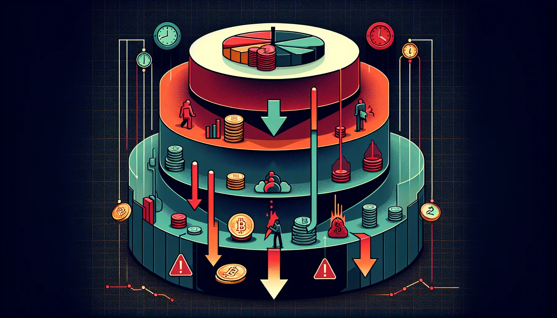Three-tier infographic showing crypto trading liquidation process from initial margin to cascade effect.