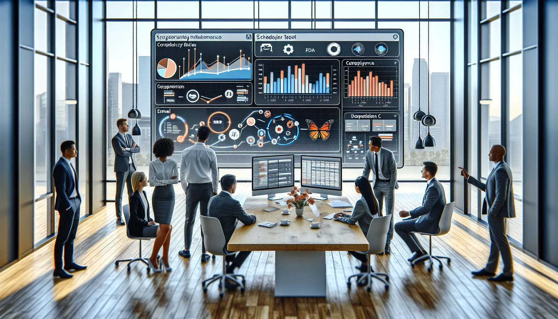 Analytics team reviewing Tableau dashboards and an advanced report scheduling interface in a modern office.