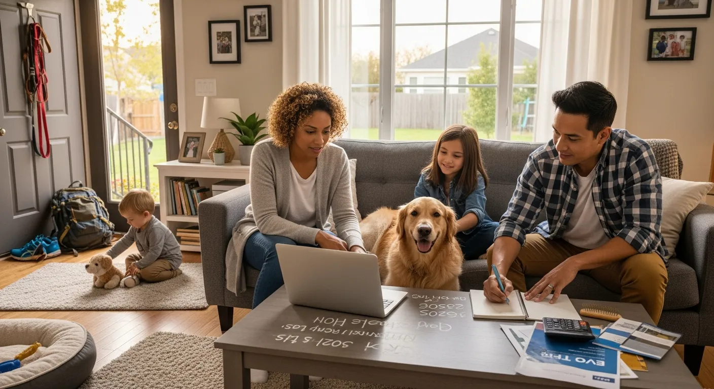 American family on couch gently petting a calm Golden Retriever in their living room.