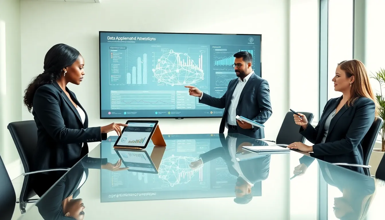 Diverse team collaborating in a modern office on data management.