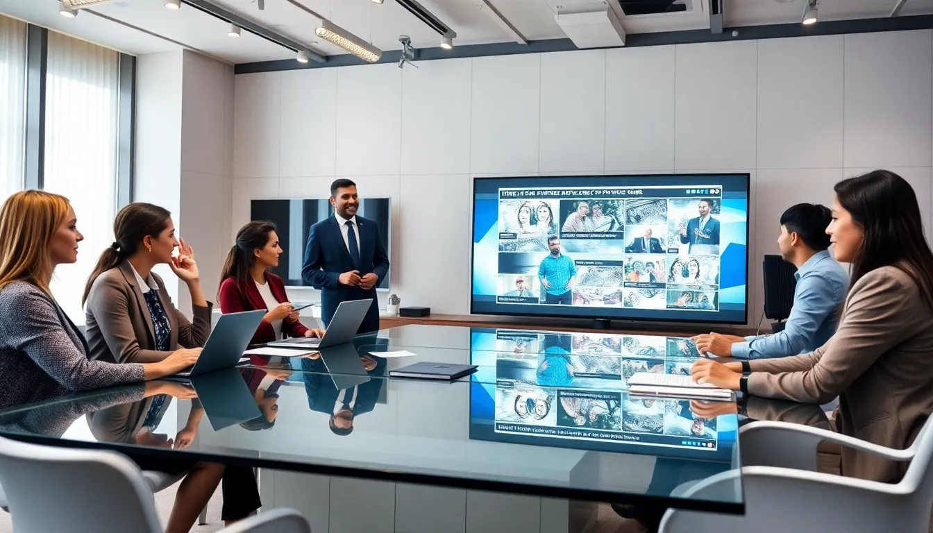 diverse team collaborating in a modern newsroom.