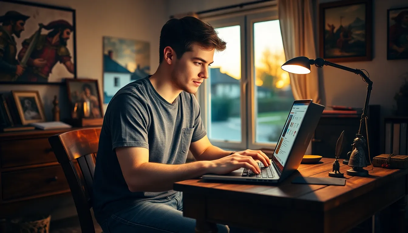 a young man creating characters in a cozy study for Crusader Kings II.