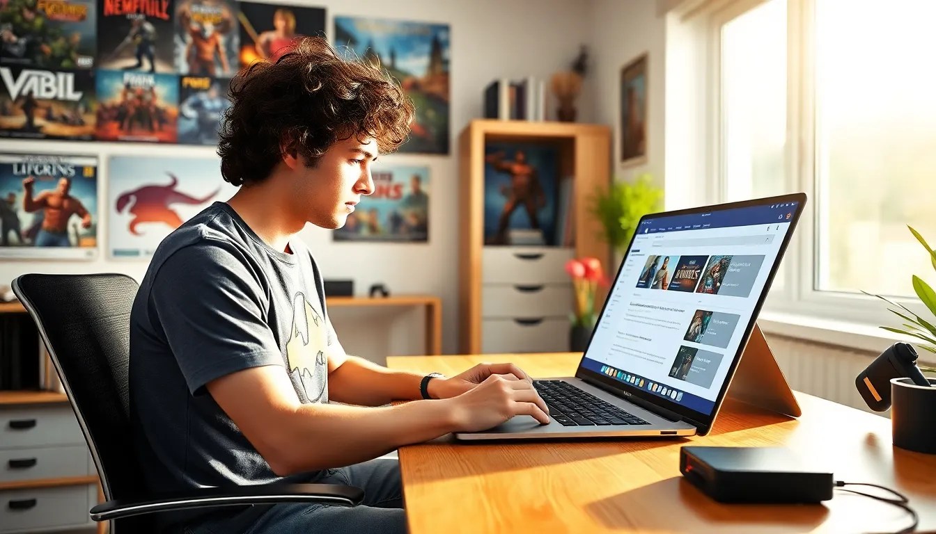 A young man creating gaming guides in a sunlit home office.