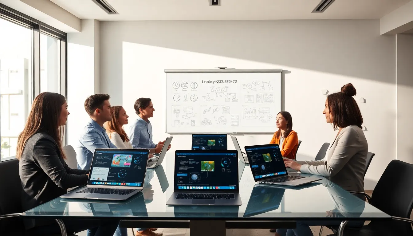 diverse team discussing software features in a modern office.