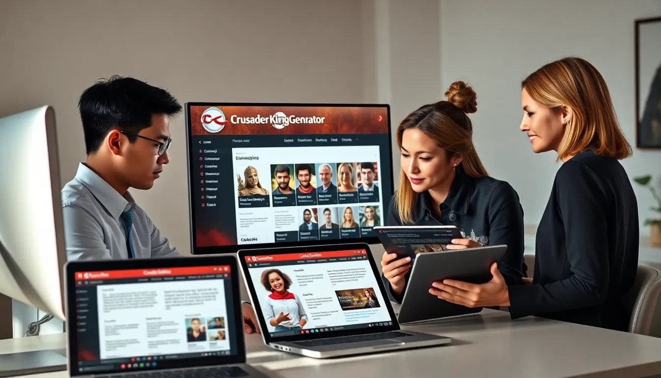 diverse team collaborating around computers on CK2Generator website.