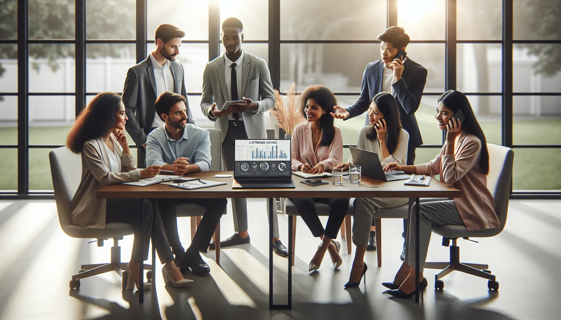 diverse team discussing customer services in a modern office.