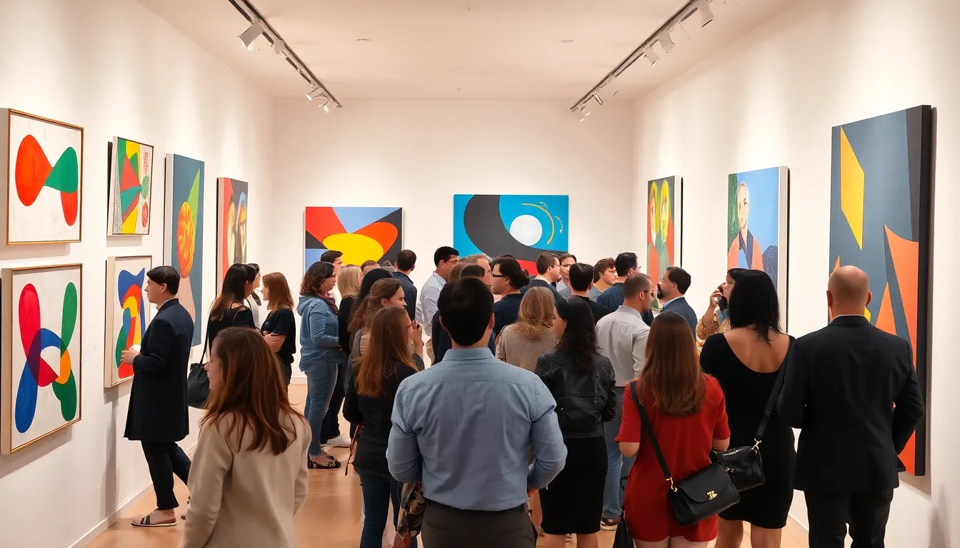 diverse people viewing vibrant artwork in a modern gallery.
