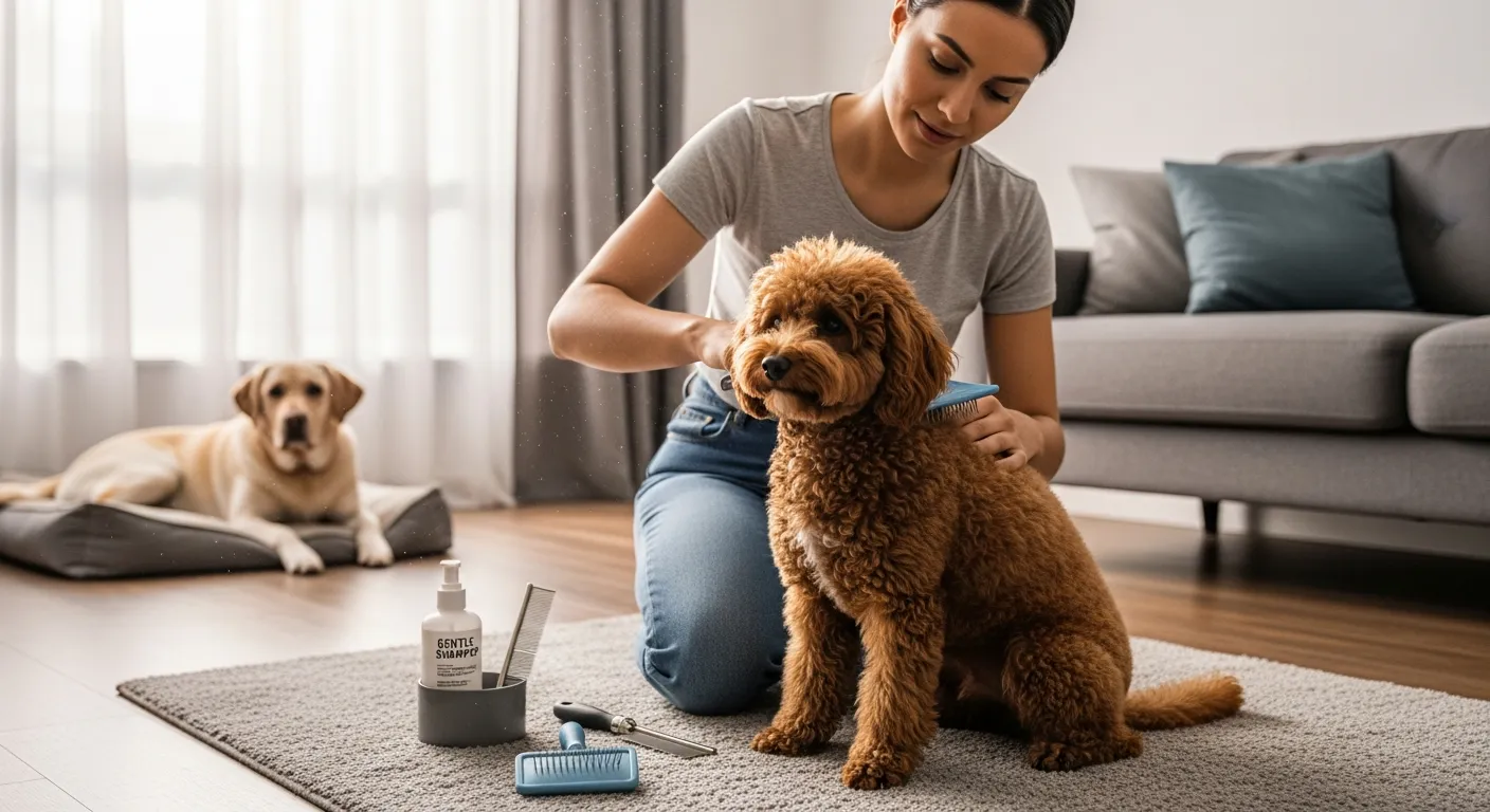 Woman grooming a curly-coated Poodle in a clean, sunlit living room.