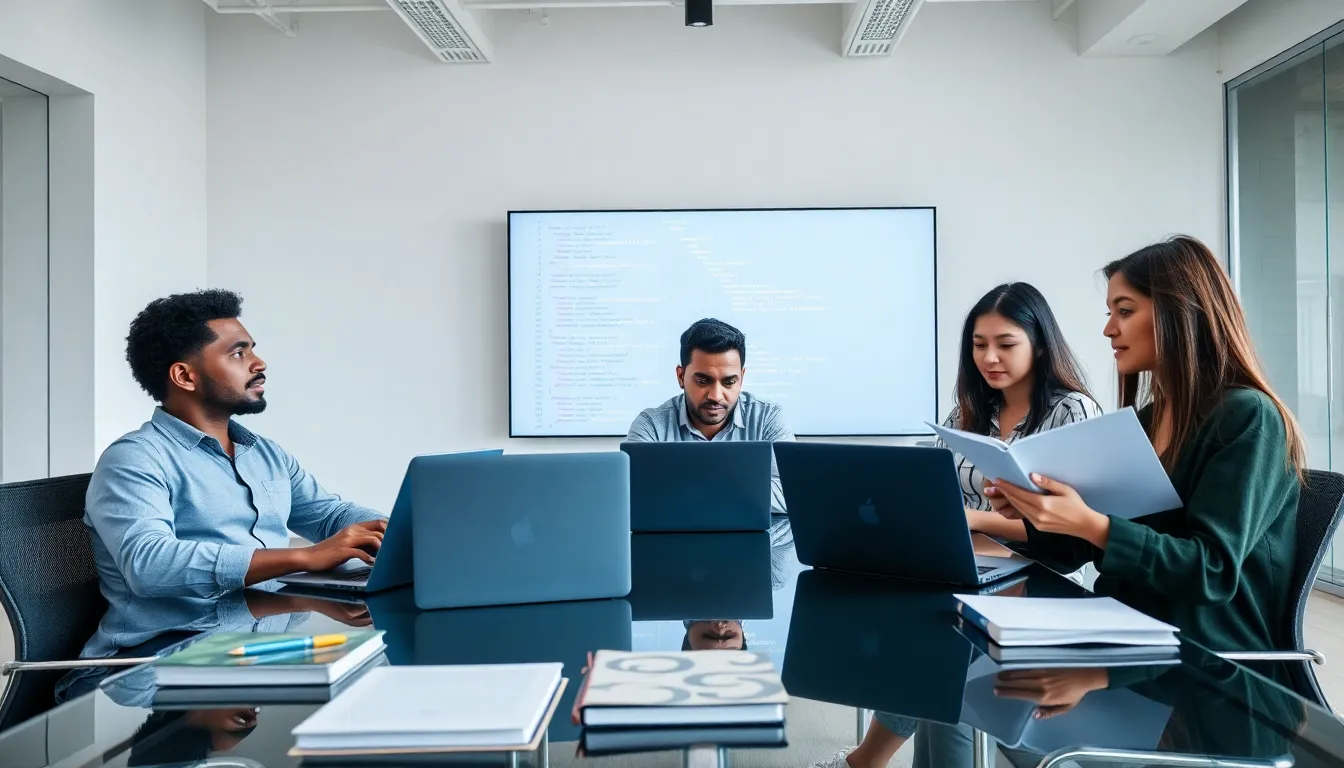 diverse software developers collaborating on Java code in a modern office.