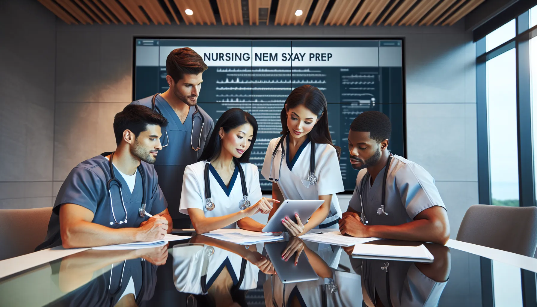 nursing professionals studying in a modern conference room.