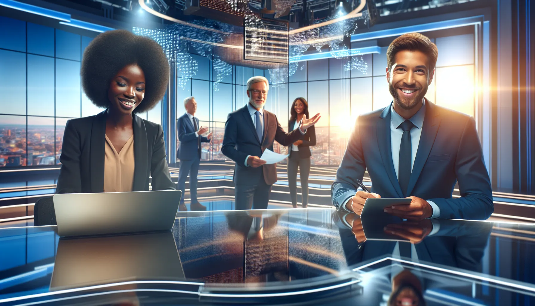 diverse team collaborating in a modern news studio.