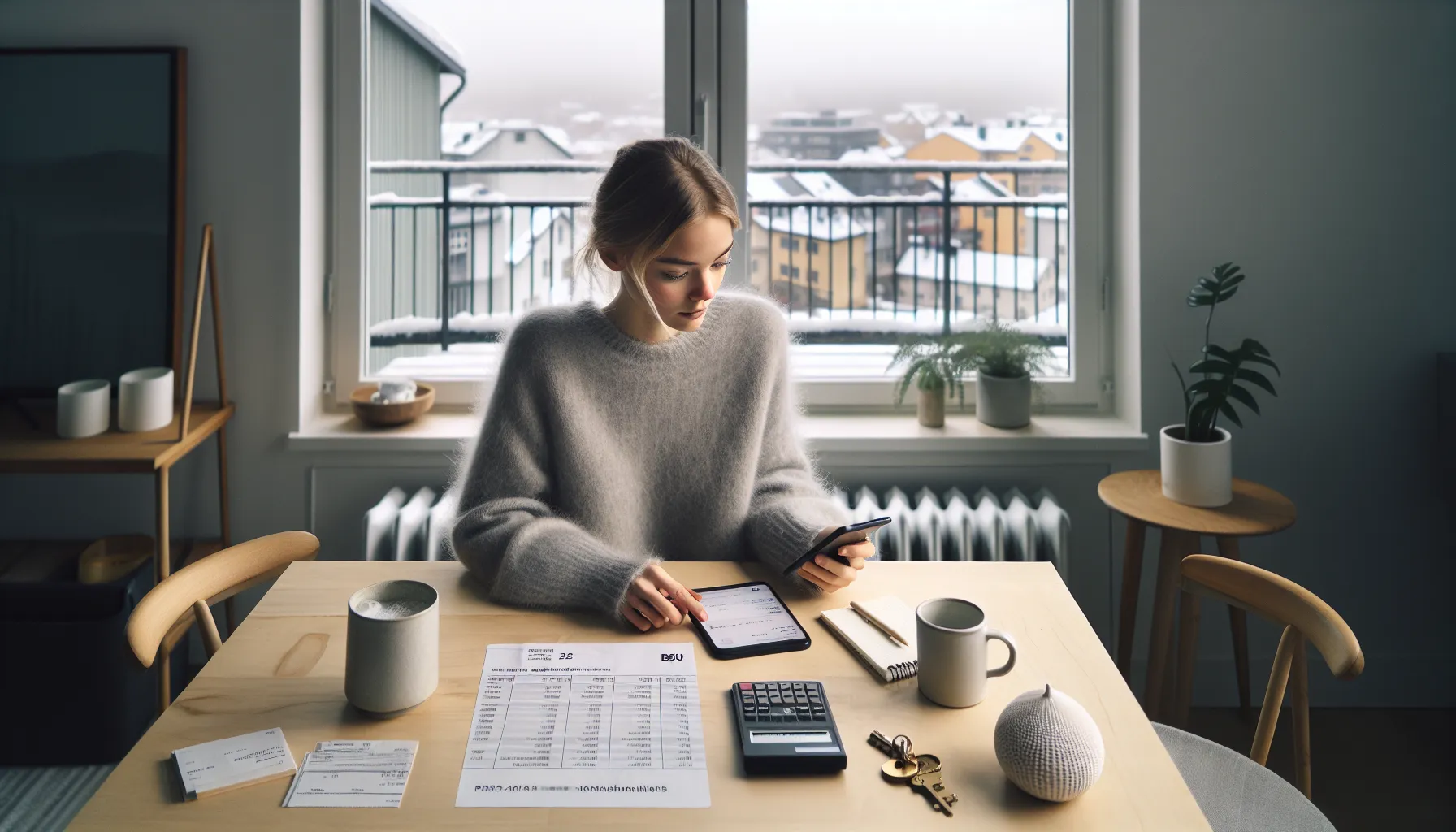 Young norwegian reviewing bsu savings and mortgage options at a kitchen table.