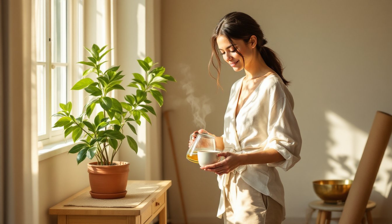 A woman calmly pouring warm water into a cup beside a small plant at sunrise.