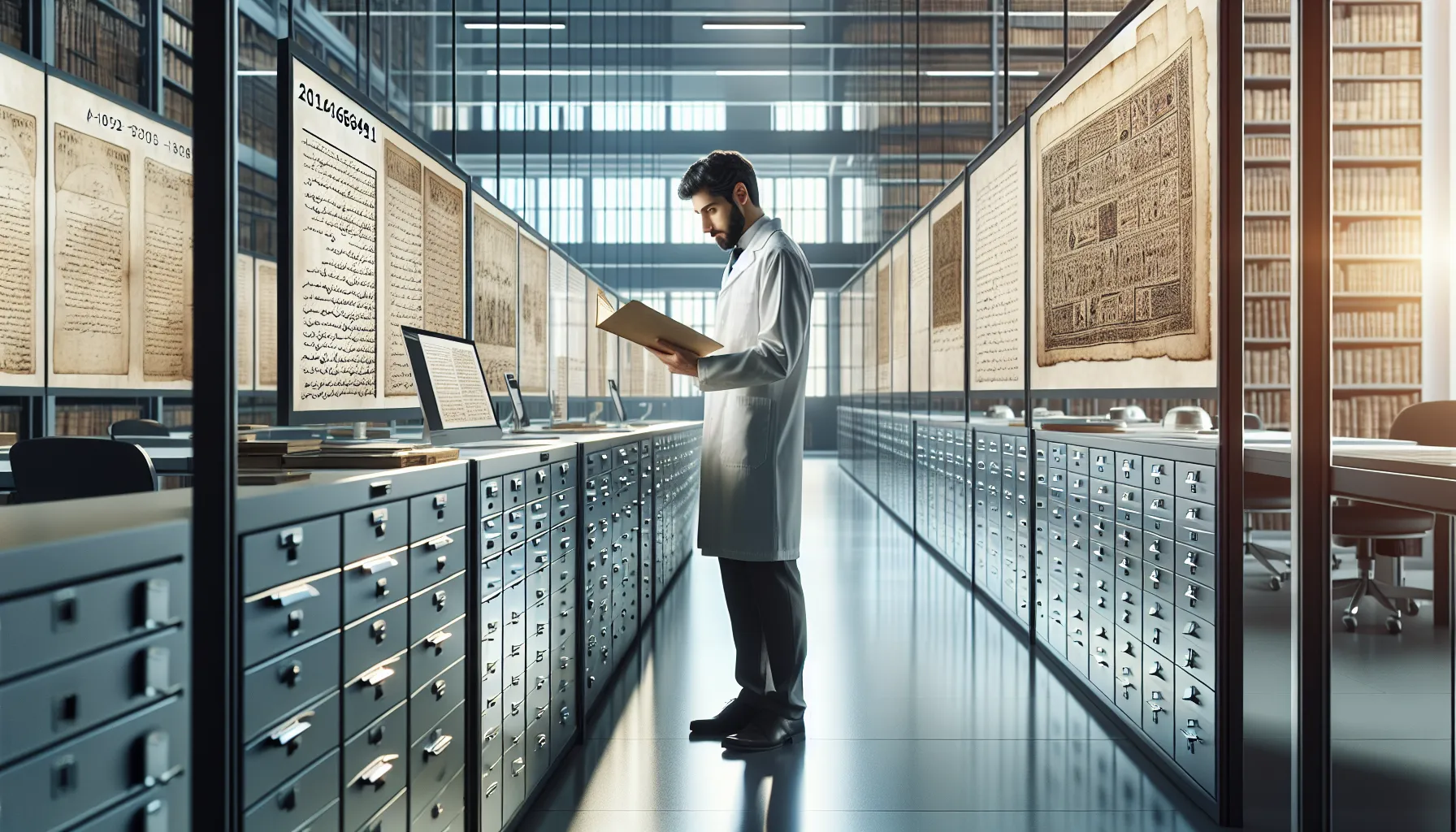 Researcher examining historical documents in a modern archive.