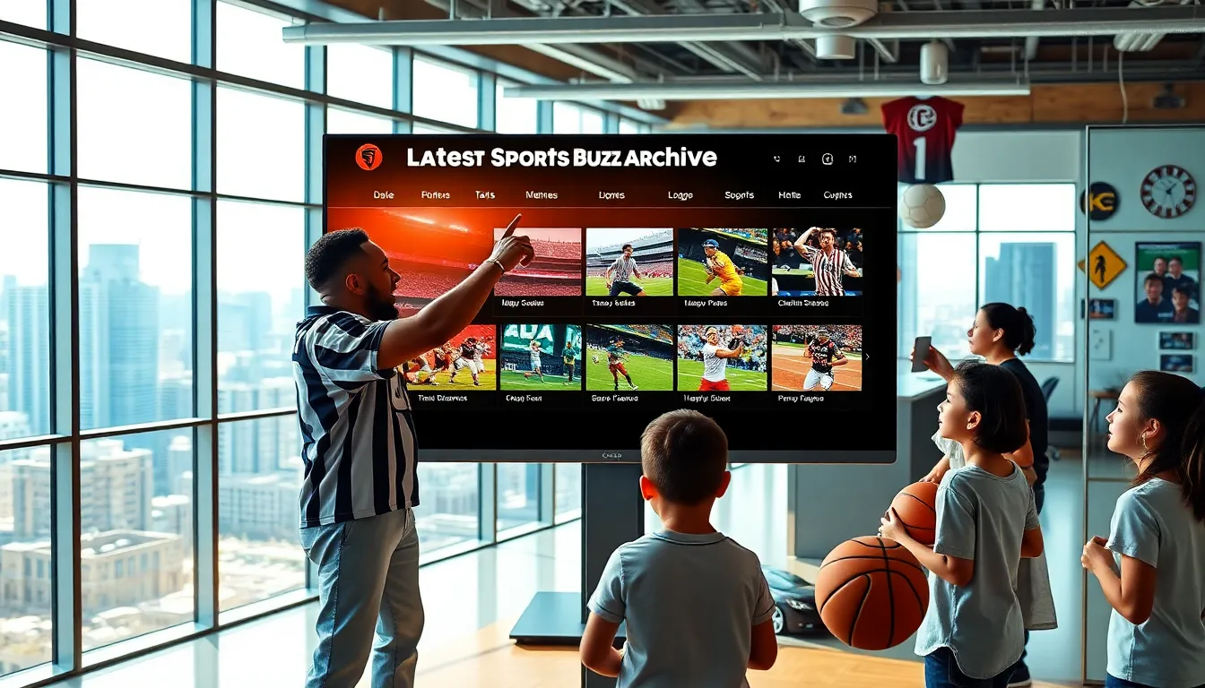 A diverse group of sports fans engaged with a sports archive displayed on a monitor.