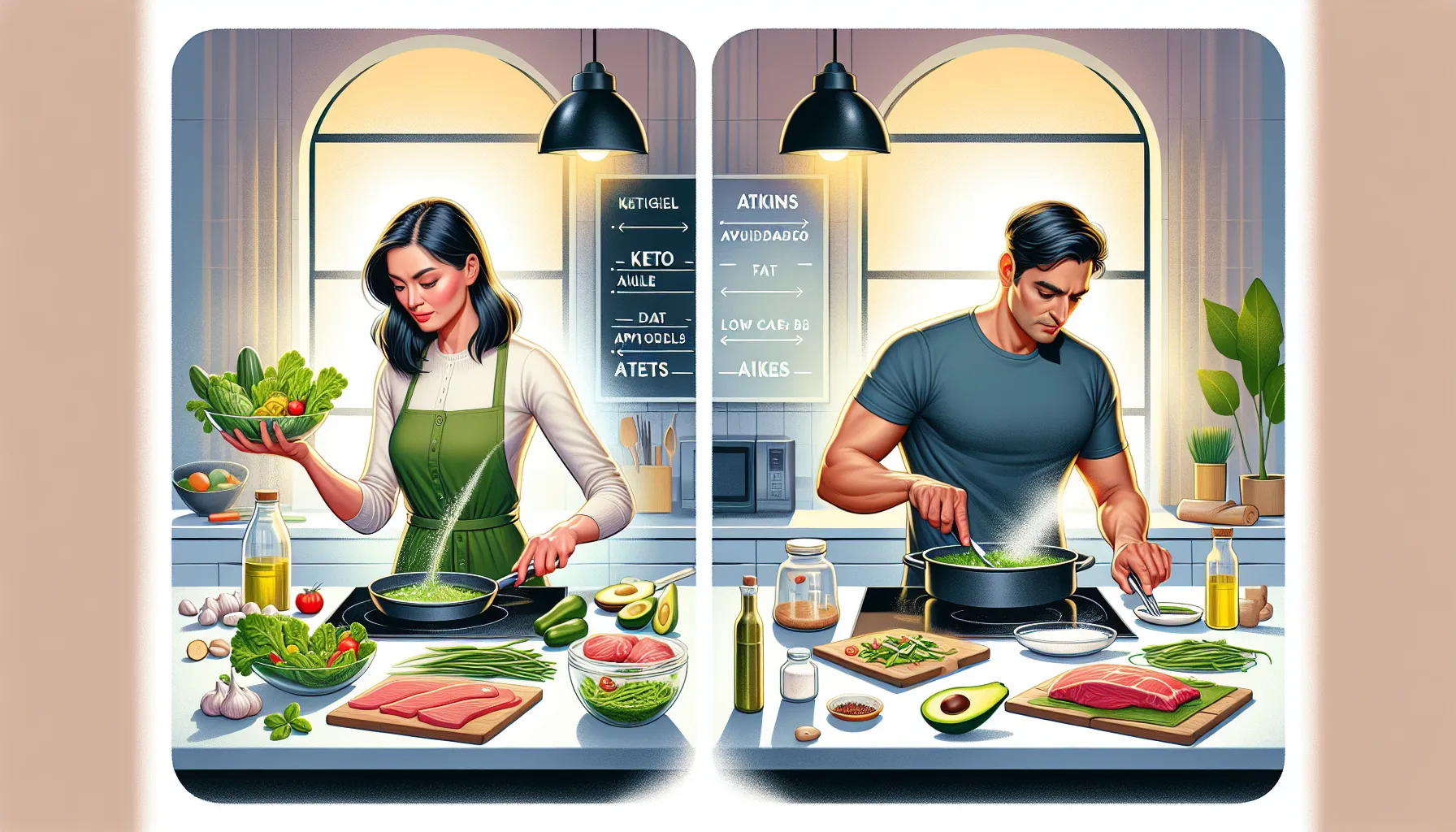 Two individuals preparing different low-carb diet meals in a modern kitchen.