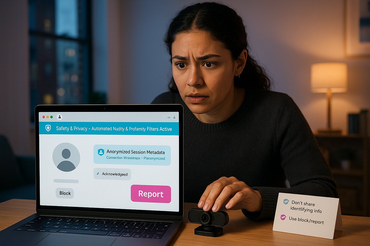 Person at laptop using video-chat with prominent report and privacy UI elements.