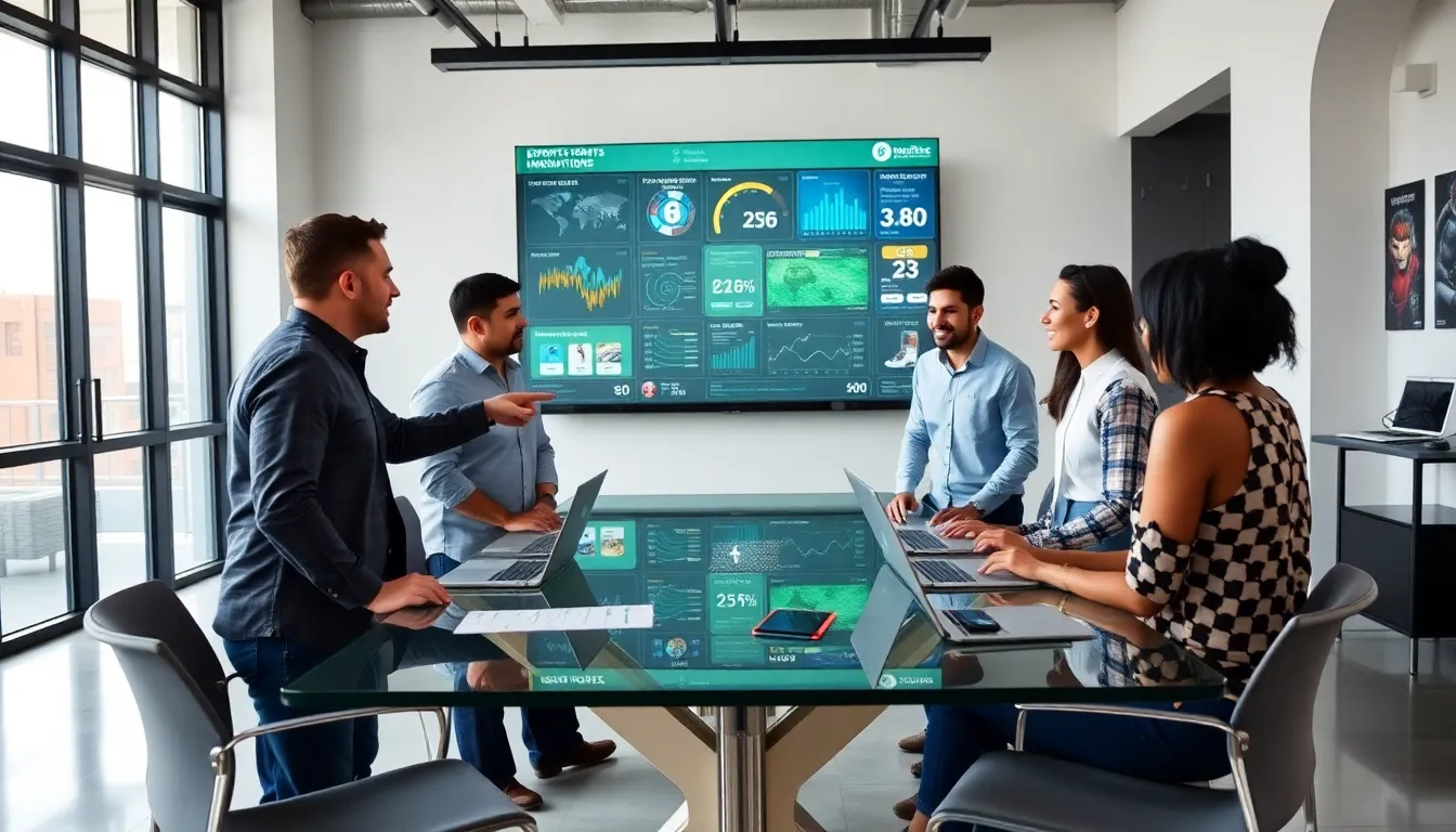 diverse team collaborating on esports projects in a modern office.