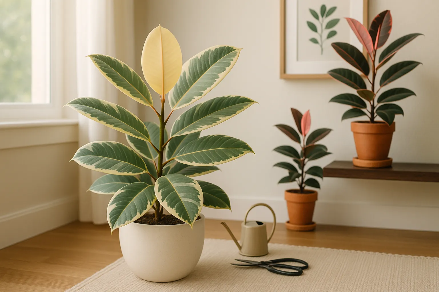 Two rubber plants: broad white Tineke and pink-to-burgundy Ruby in a bright room.