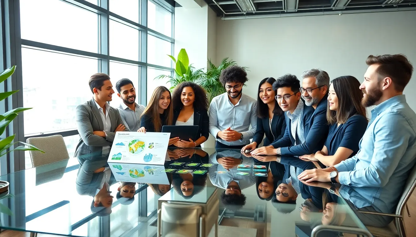 diverse team discussing conservation strategies in a modern office.