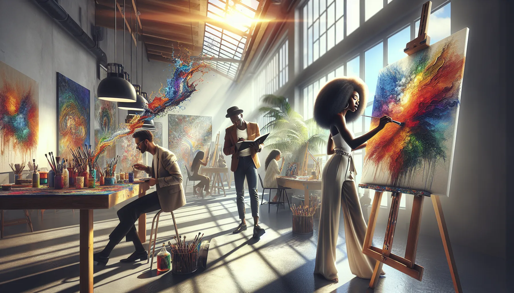 diverse artists capturing inspiration in a bright modern studio.