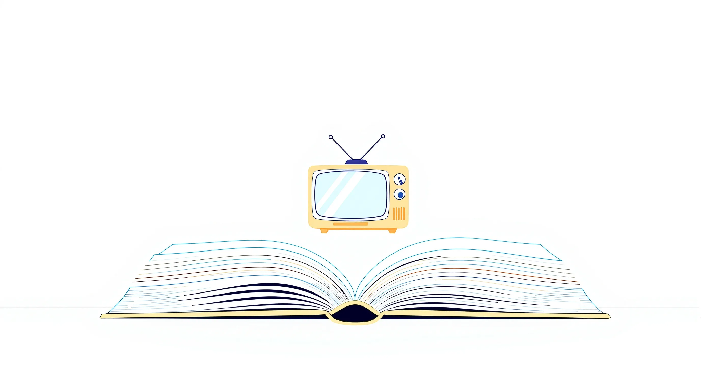 Open book with speech bubble, television icon, and layered bars on white background.