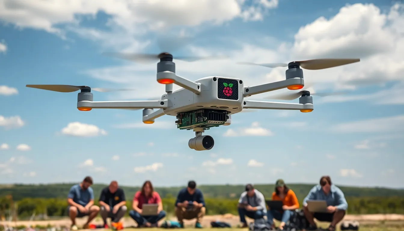A Raspberry Pi Zero drone with a thermal camera flying above a green landscape.