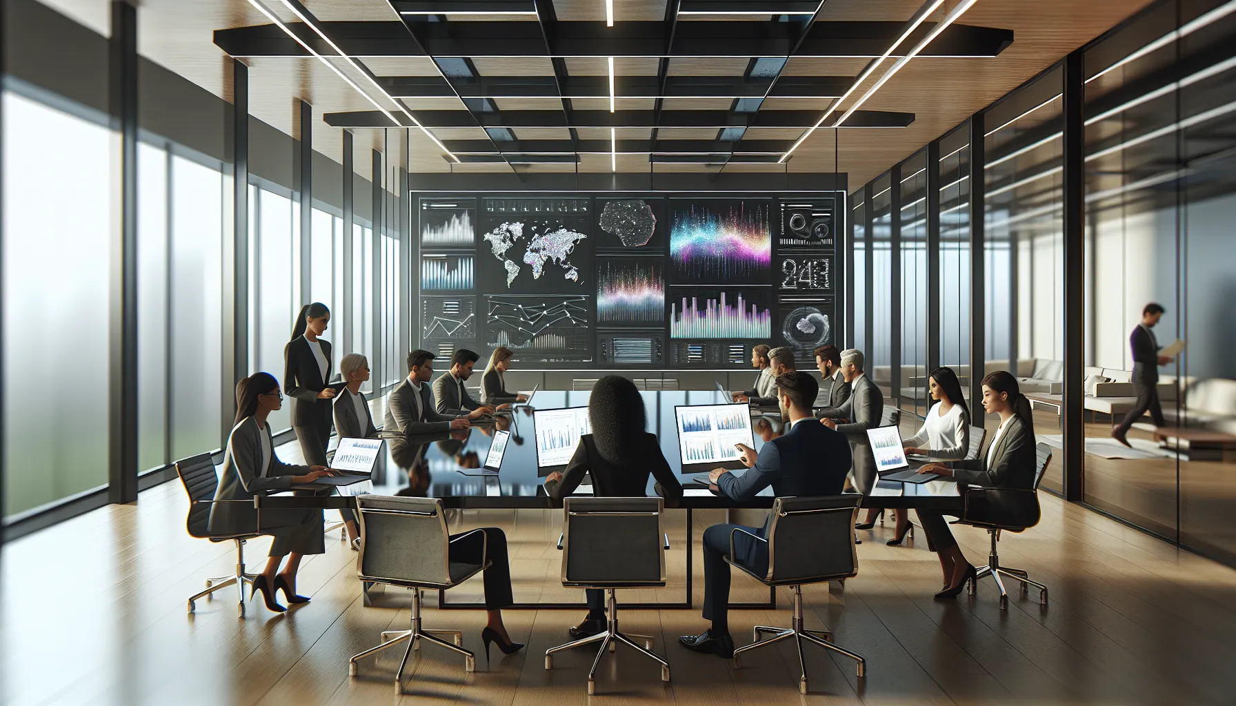 diverse team collaborating on data analysis in a modern office.