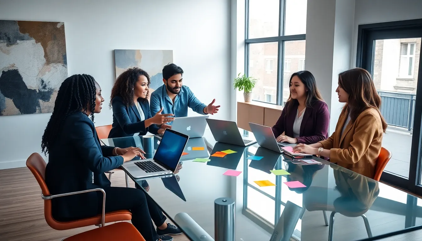 diverse professionals brainstorming in a modern office setting.
