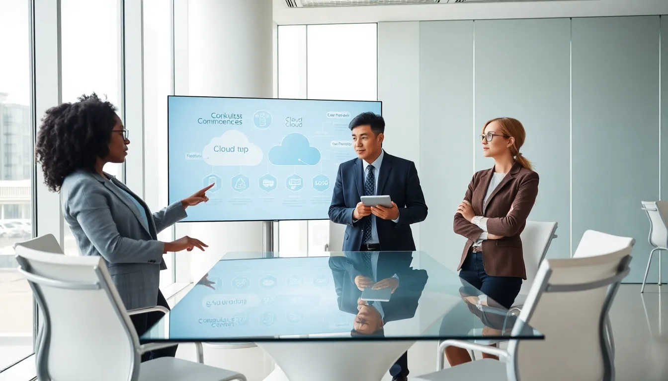 team discussing cloud computing concepts in a modern office.
