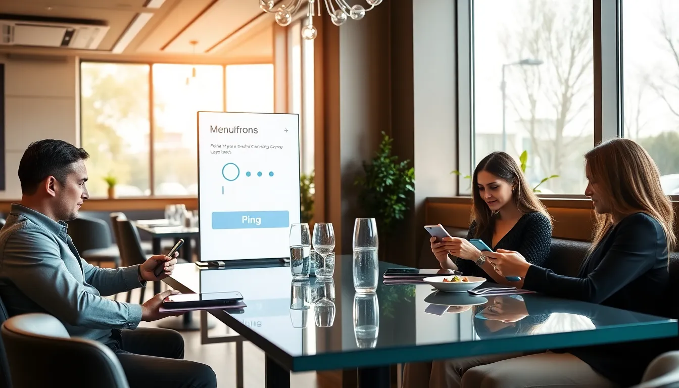 diverse diners interacting with digital menus in a modern restaurant.