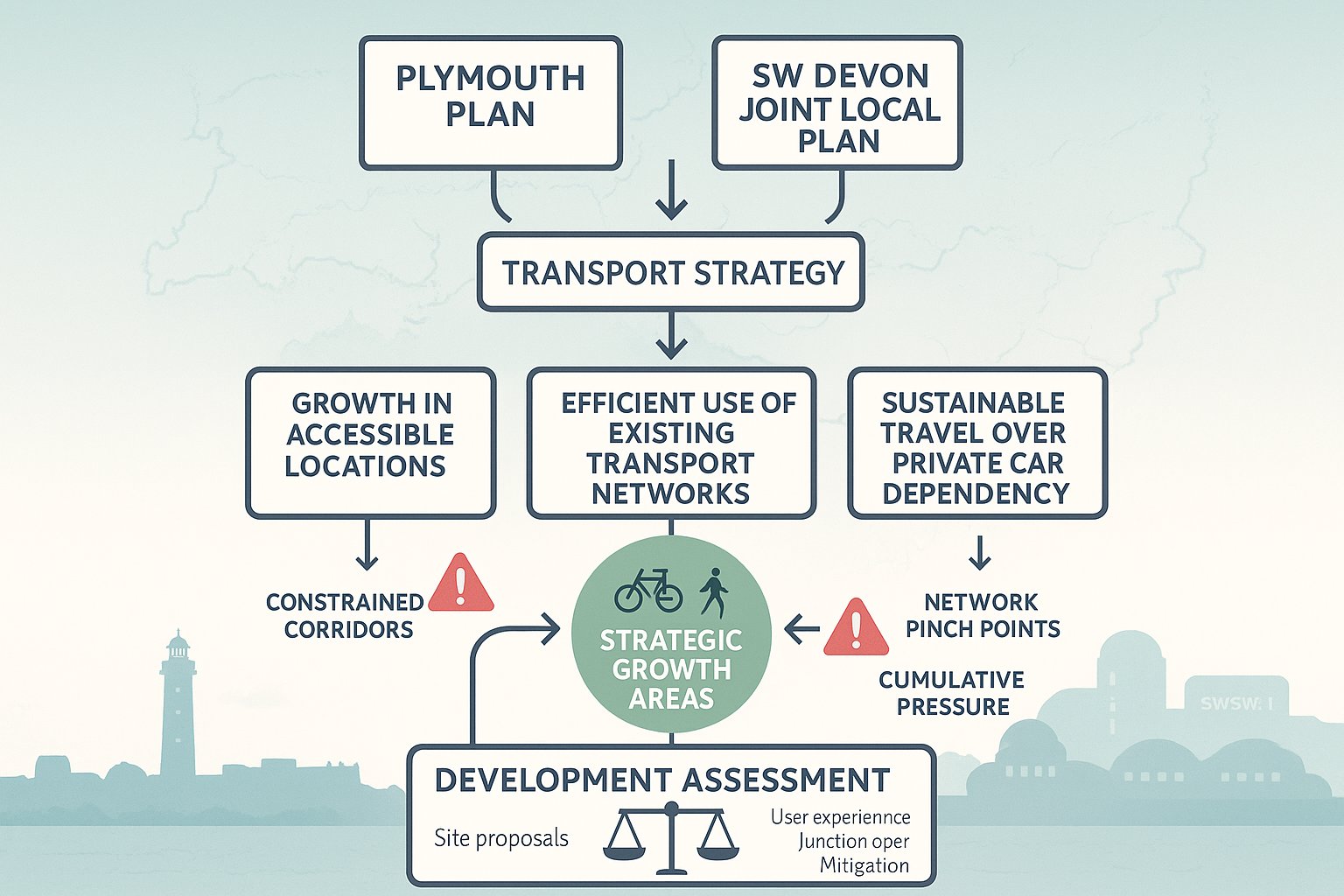 Infographic of Plymouth transport planning policy shaping development and sustainable travel decisions.